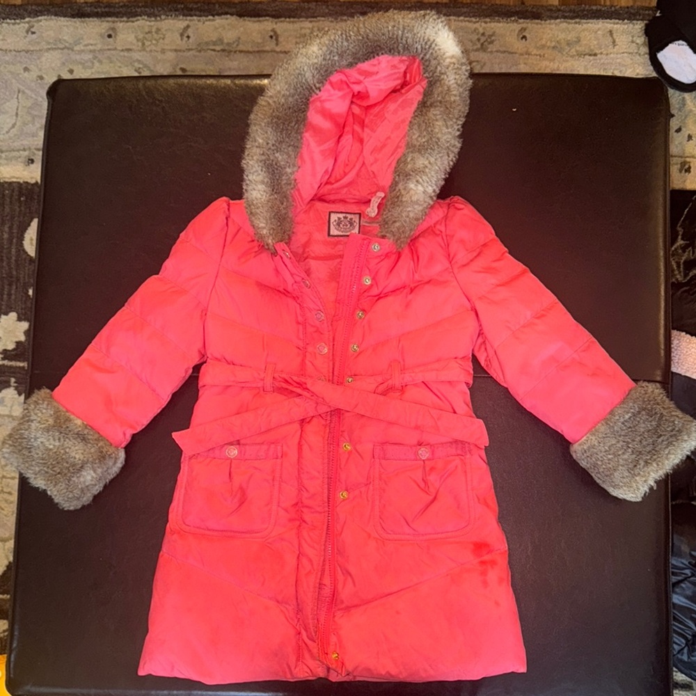Girls' Juicy Couture Pink Puffer Coat with Faux Fur Trim